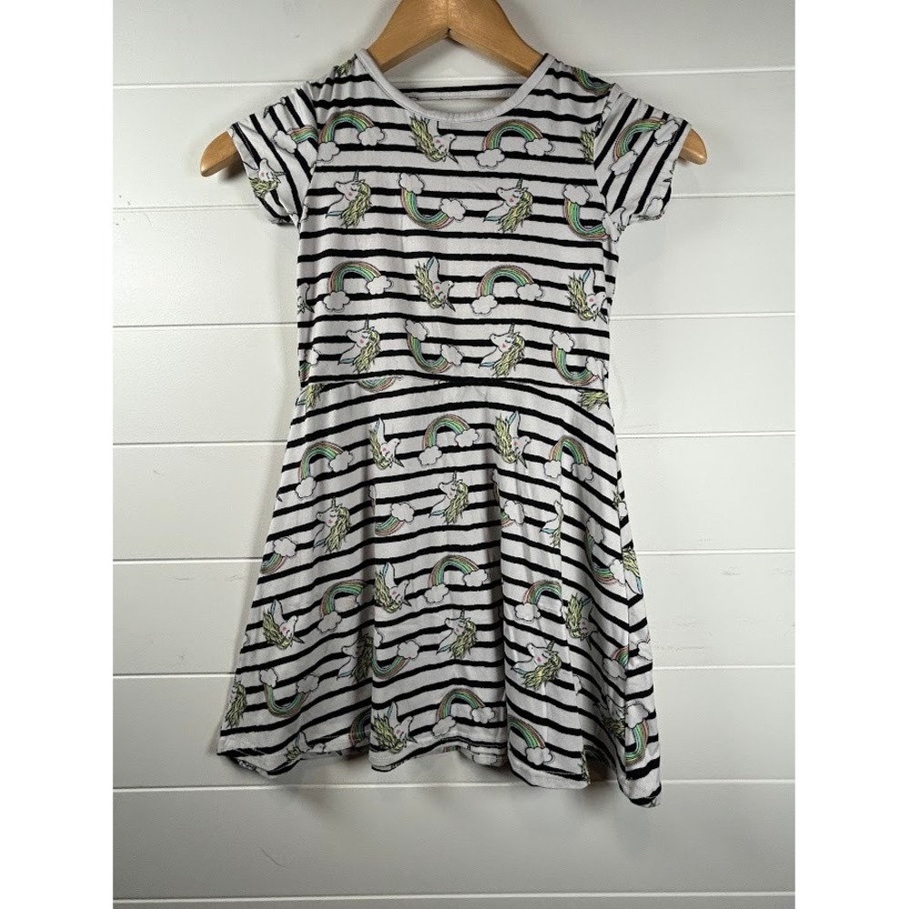 Limited Too Girls Size 6 Unicorn Rainbow Striped Skater Dress Short Sleeve Black